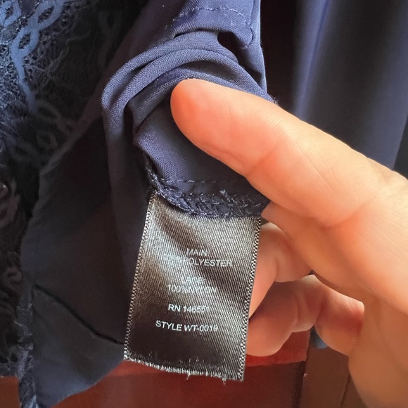 Pretty navy blue button up blouse with lace details and tie. Size large. - Picture 7 of 11